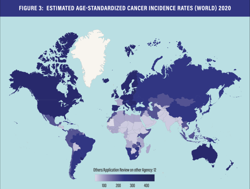 Global map showing age-standardized cancer incidence rates